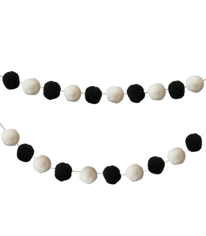 Carson Dellosa Education Garland 2 Piece Set, 12" Black and White Felt Pom Ball Banners on White String for Party, Classroom Decor, Bulletin Board, and Room Decoration