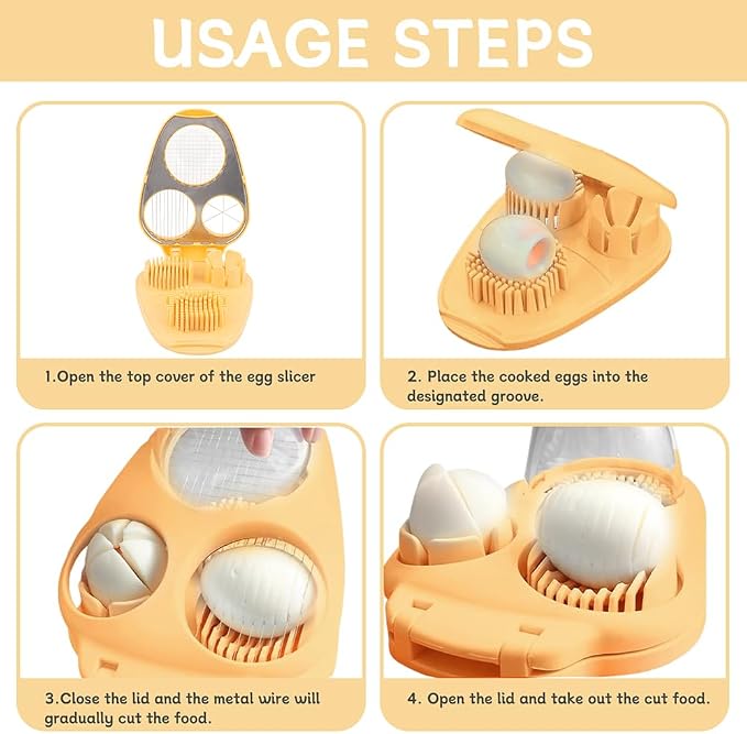 3-in-1 Egg Slicer for Hard Boiled Eggs, Multipurpose 3-Way Cutter with 3 Slice Modes, Heavy Duty Stainless Steel Chopper Tool for Strawberry, Mushroom, Grape, Cherry Tomato(COLOR:Yellow)