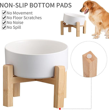 White Elevated/Raised 15°Tilted Anti Slip Ceramic Dog Bowl for Medium & Large Breeds,Slanted Bulldog Big Face Pet Feeding Food Water Dish Stand for Dogs (7.6 Cups/60OZ)