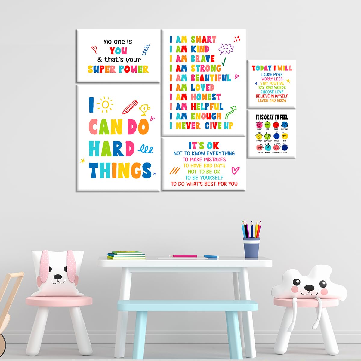 Kids Affirmation Wall Decor,Positive Daily Affirmations Wall Art Canvas Frame Poster Print for Kids Bedroom Nursery Classroom Playroom Psychological Counseling Office Wall Decor,Set of 6