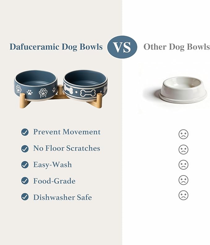 Dafuceramic Dog Bowls Set with Stand, 1.5 Cups Ceramic Puppy Bowls for Dogs, Dual Dog Food and Water Bowls with Bone Pattern,Weighted Non-Slip Base (S-1.5 Cups)