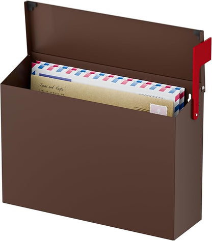 Wall-Mount Mailbox for Outside, Large Capacity Rust-Proof Mail Box with Stay-Open Lid & Red Flag Kit, Galvanized Steel Weather-Resistant Post Box for House Outside, 10.5"x4.3"x14.2", Brown