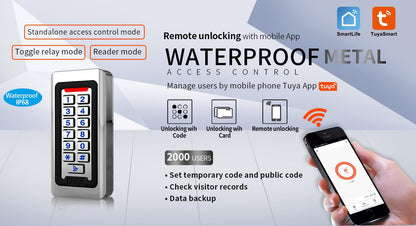 Door Access Control Keypad, Stainless Steel Outdoor IP68 Waterproof, 2000 Users, Wiegand 26-bit Input / Output, Tuya App Remote Control, RFID Card & PIN Code Entry, Doorbell Button
