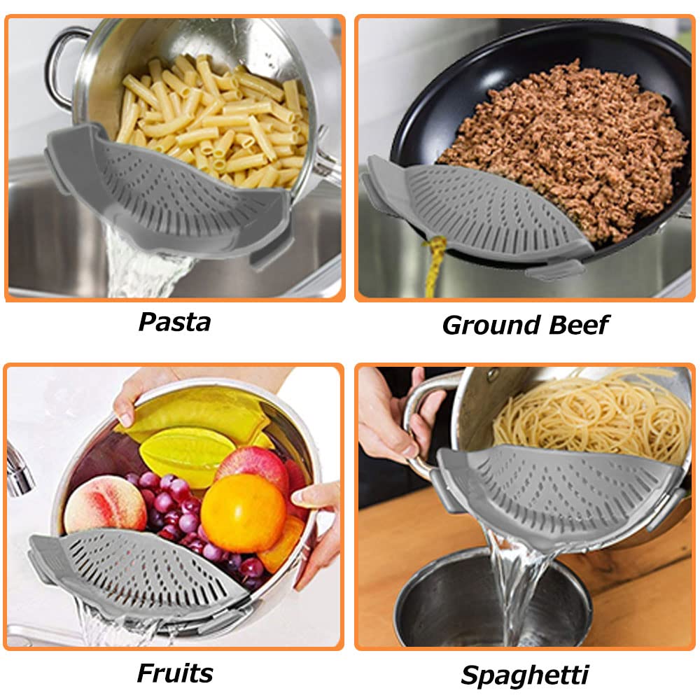 YEVIOR Clip on Strainer for All Pots Pan,Silicone Pasta Strainer Kitchen Gadgets,Collapsible Colander for Noodle,Vegetables,Fruit,Spaghetti (Grey)