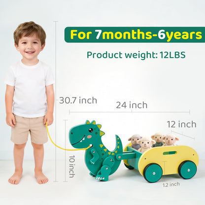 Wooden Walking Pull Along Wagon for Kids Dinosaur Toys Car Rolling Cart for Toddlers Montessori Toys Gift for 1 2 3 4 Years Old Boys Girls