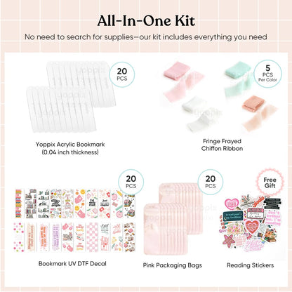 YOPPIX 6x2” Acrylic Bookmark Blanks- 20 Set Bookmark Making Kit with 20 UV DTF Stickers About Booklover Theme 20 Ribbon 80 Bookish Stickers for DIY Your Crafts Gift for Book Lover