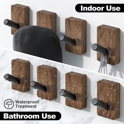 IURRDOP 4 PCS Black Walnut Wood Wall Hooks, Adhesive Mounted & Wall Mounted Rustic Decorative Entryway Hooks, Mid Century Modern Natural Wooden Pegs for Hanging Coat Clothes Hat Bag Purse and Towel