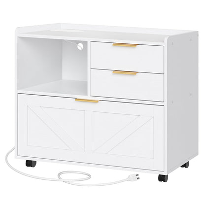 HOOBRO Lateral File Cabinet, Wooden Office Storage Drawers with Charging Station, Filing Cabinet for Home Office, A4/Letter/Legal-Sized Files, Printer Stand with Open Storage Spaces, White WT37UWJ01