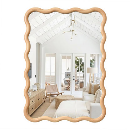 H HOMEWINS Natural Rectangular Mirror for Wall 20x28 Inch Wooden Wavy Bathroom Farmhouse Country Vanity Large Irregular Mirror for Nursery Entryway Living Room