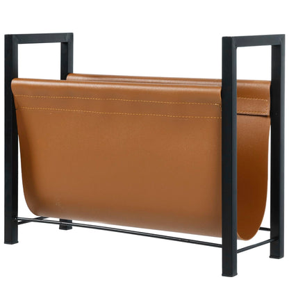 MyGift 15 Inch Modern Caramel Leatherette Magazine Holder with Rectangular Black Metal Frame, Floor Standing Faux Leather Book Storage Newspaper Rack, Home Bathroom Decor