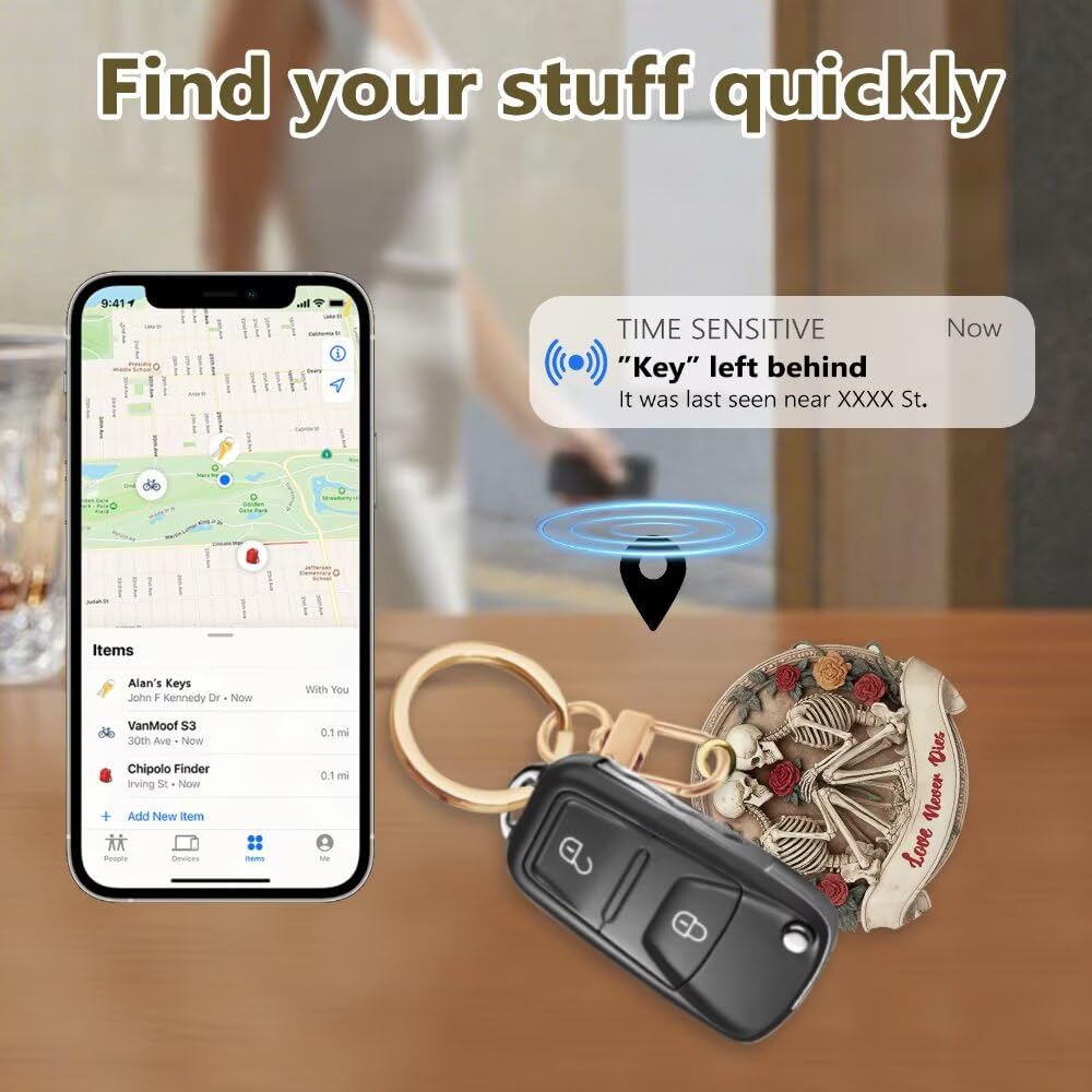 Couple Skull Leather Keychain Holder Compatible with Air Tag, Protective Access Card Cover, Halloween GPS Tracker Case for Pets, Bags, Kids
