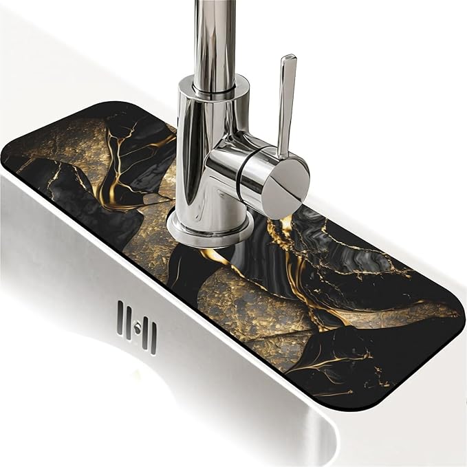 Kitchen Sink Splash Guard，Black and metallic gold marble Faucet Mat Sink