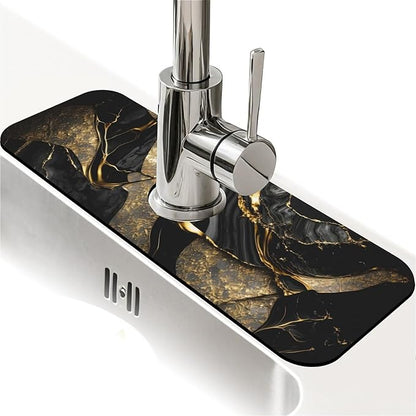 Kitchen Sink Splash Guard，Black and metallic gold marble Faucet Mat Sink