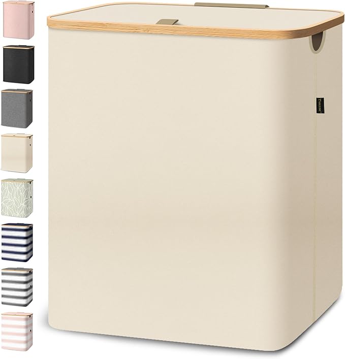 BALEINE Laundry Hamper with Lid, Tall Laundry Baskets with Bamboo Pull Handles