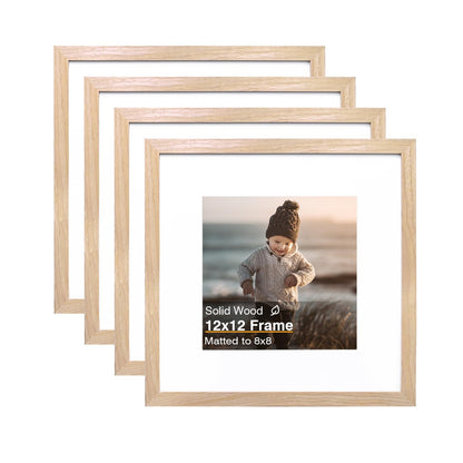 KINLINK 12x12 Picture Frames, 4 Pack Natural Solid Wood Square Frames for Art, 8x8 Matted or 12x12 Frame without Mat, Wall Display Photo Frame