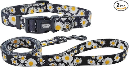 Dog Collar and Leash Set, Cute Daisy Pattern, Polyester Material, 5ft Leash, for Large Dogs.(Large,Black Daisy)