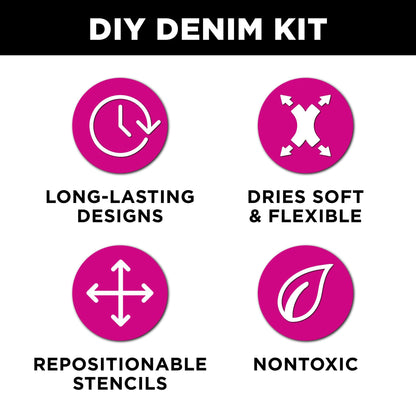 Tulip Denim Paint Stencil Kit, Permanent Paints, Beginner Friendly Craft Kit, Includes Stencils, Pouncers, Brush Tools and Easy Project Guide, 8 Pieces
