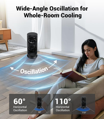 Personal Tower Fan for Bedroom, Portable Desk Table Fan，3 Speeds Cooling Standing Fan with 12H Timer, 60° & 110° Oscillating Floor Tower Fans That Blows Cold Air for Bedroom Office,Dark Grey