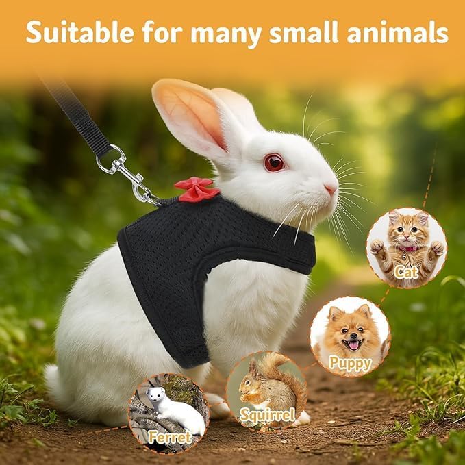 Red Rabbit Harness and Leash Set, with Cute Bow Soft Breathable Mesh Bunny Vest Harness for Rabbits Kitten Ferret Puppy Small Pets Walking, L