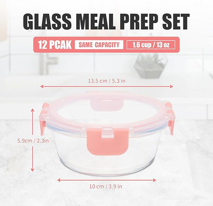GULFLIN 12 Pack 13oz Small Glass Food Storage Containers with Lids Airtight, Leak-Proof Round Meal Prep Containers Set, Freezer to Microwave Safe, Dishwasher Safe