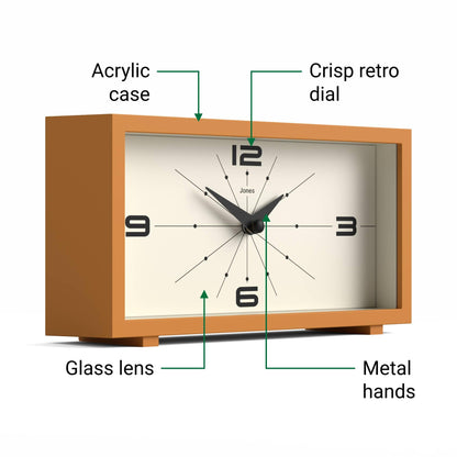 JONES CLOCKS® Odeon Desk Clock | Modern Rectangular Design | Mustard Yellow | Stylish Retro Look for Shelf, Table, Mantel or Bedside
