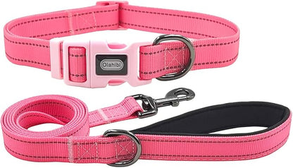 Dog Collar Leash Set, Durable Polyester with Safety Reflective Strips, 5 ft Matching Leash, Neoprene Padded Handle, Adjustable 4 Sizes for Small Medium Large Dogs.(L, Pink)