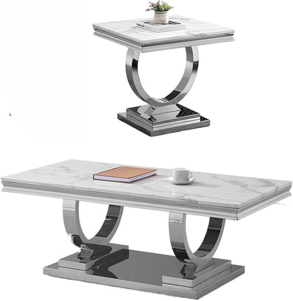 2 Piece Living Room Table Set Include 1 Faux Marble Coffee Table & 1 End Table, Modern White Silver Coffee Table Set of 2 with Double O Shape Stainless Steel Pedestal Base