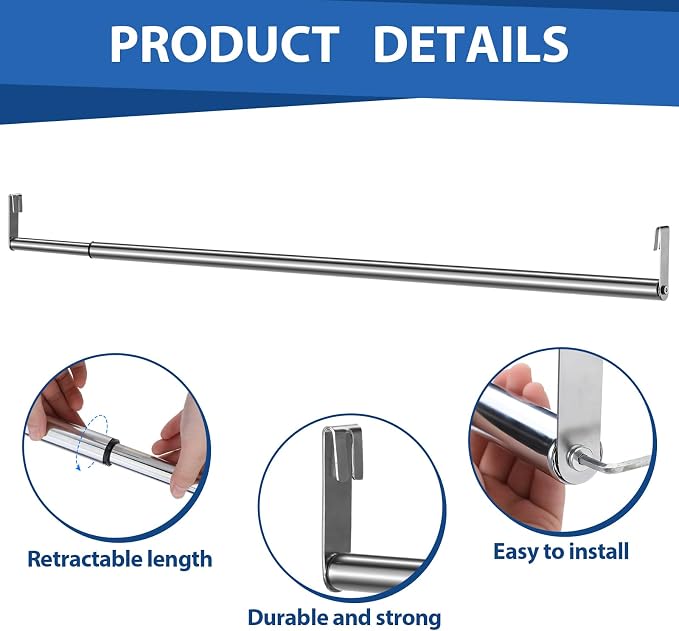 Threehoney Expandable Closet Rod for Wire Shelf Hanging Clothes Adjustable Heavy Duty Closet Hanging Rod Extender Heavy Duty Hanger Bar Metal Poles for Wardrobes Hanger, 1 Pack (24-41 Inch,Silver)