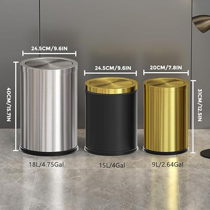 4.7 Gallon/18L Stainless Steel Bathroom Trash Can,Gold Garbage Bin with Swing Lid, Round, Elegant Waste Basket, for Toilet Bathroom Cafe Kitchen Office Hotel Home (18L-Gold)