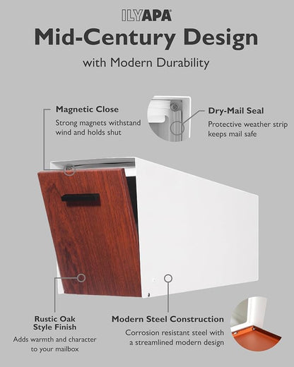 Ilyapa Modern Mailbox with Angle Design Post Mount - White Powder Coated Metal Mailbox with Wood Door - Waterproof for Parcels, Magnetic Close Door