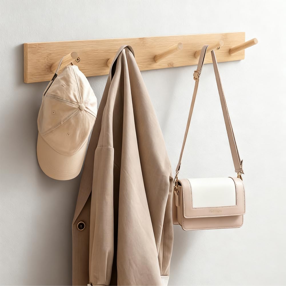 Anscuto 2Pcs Wooden Wall Mounted Coat Rack, 15.35'' Coat Rack Wall Mount with 5 Hooks for Hats, Jacket, Robes, Towels(Color:Natural)