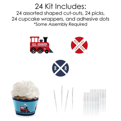 Big Dot of Happiness Railroad Party Crossing - Cupcake Decoration - Steam Train Birthday Party or Baby Shower Wrappers and Treat Picks Kit - Set of 24
