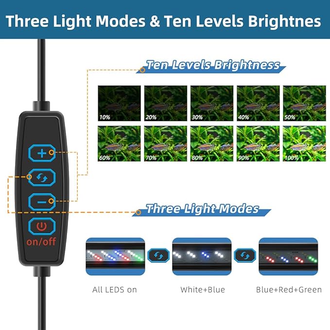 DaToo LED Aquarium Light Full Spectrum Fish Tank Light with Dimmer White Blue Red Green LEDs Fish Tank Light with Three Lighting Modes and Extendable Bracket for 20 Inch to 24 Inch Aquarium
