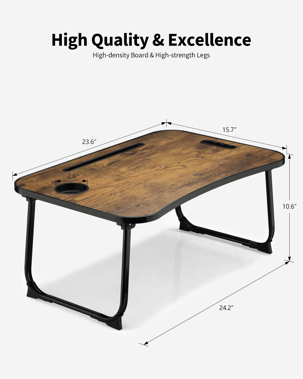 VIFOCAE Foldable Lap Desk, Laptop Bed Desk, Portable Lap Table, Laptop Bed Table with Cup Holder & Tablet Slot & Lifting Handle for Working Writing Drawing & Eating - Rustic Brown