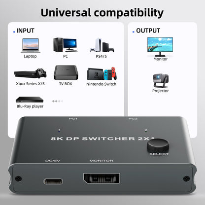 Displayport Switch 2-in-1-out, 8K@60Hz, 4K@120Hz, Resolution DP 1.4 DisplayPort Switcher Selector Box【Not Support Bi-Direction .Not Support1 in 2 Out 】