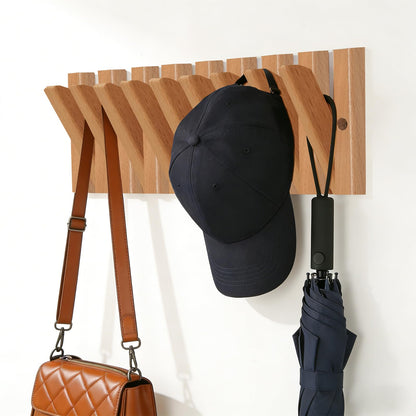 DsoneJagr Wall Mounted Coat Rack with 9 Retractable Hooks, Wooden Modern Space-Saving Piano Hanger for Jackets, Towels, Bags and Leashes in 15 inch
