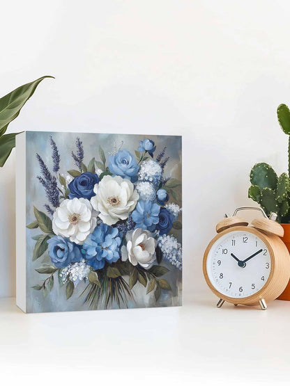 RisQiten Blue Spring Floral Home Room Office Decor Wooden Box Sign, Square Decorative Signs Plaques, Modern Art Flowers Pastoral Desk Decor Wood Block Plaque Shelf Table Decorations Gifts 6"x6"