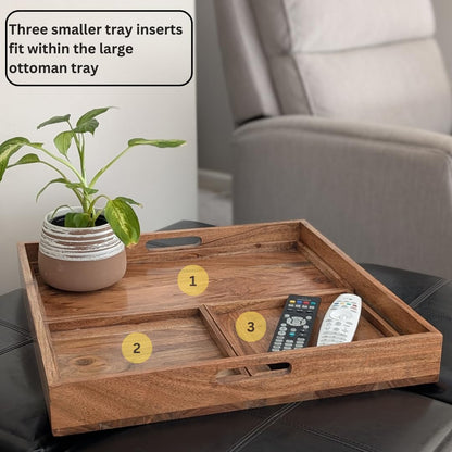 20 inch Large Square Ottoman Tray. 4 Trays in 1. Premium Acacia Wood Serving Tray for Living Room, Ottoman, Kitchen or as a Coffee Table Tray. Serving Tray for Breakfast in Bed, Appetizers or Parties