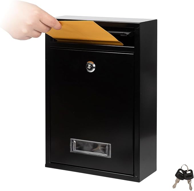 RAINHOL Wall Mount Mailboxes for Outside with Key Lock, Galvanized Steel Locking Mailbox, Waterproof Secure Mail Drop Box, Medium Capacity, 12.6 x 8.5 x 3.3 Inches, Black