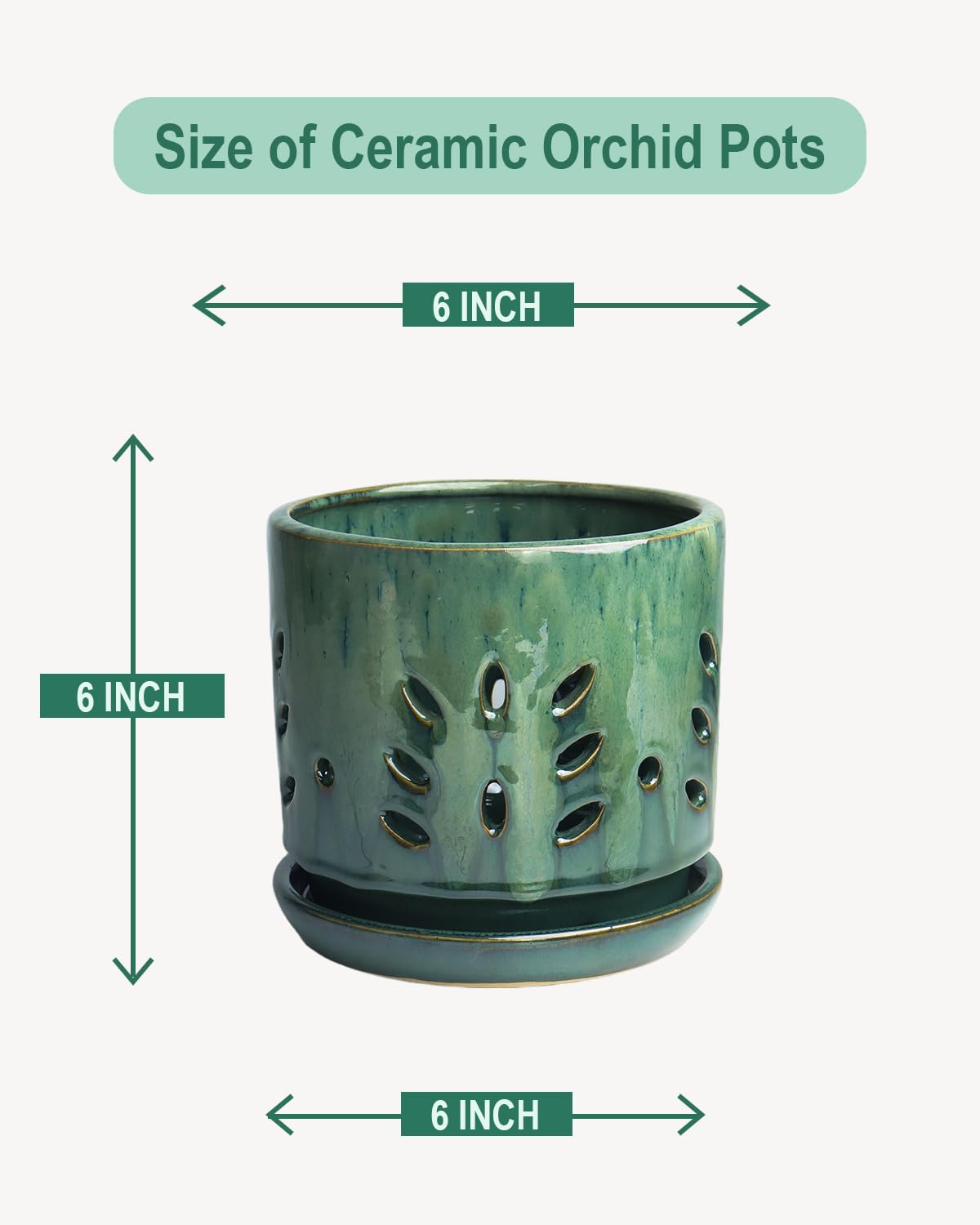 vensovo 6 Inch Ceramic Orchid Pots with Holes - Round Orchid Pots for Repotting, Garden Planter Indoor and Outdoor with Attached Saucer Supports Air Circulation(Green)
