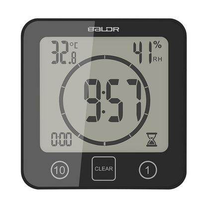 Digital Bathroom Shower LCD Wall Clock with Suction, Waterproof Temperature Humidity Gauge, Touch Screen Timer, Large Countdown Timer (Black)