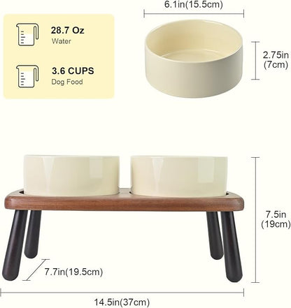 SPUNKYJUNKY Ceramic Elevated Dog Bowls Raised with Acacia Bamboo Wooden Stand, 6.1'' Dog and Cat Food Water Bowls Set Non-Slip for Small Medium Sized Breed Microwave Dishwasher Safe - 28.7 OZ,Beige