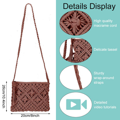 WEBEEDY DIY Macrame Bag Kit Boho Macrame Shoulder Bag Making Kit with 3mm x 142 Yards Cotton Cord and Video Tutorial,Macrame Purse Kits for Beginners Summer Beach Christmas Decor Gift,10.4x8(Brown)