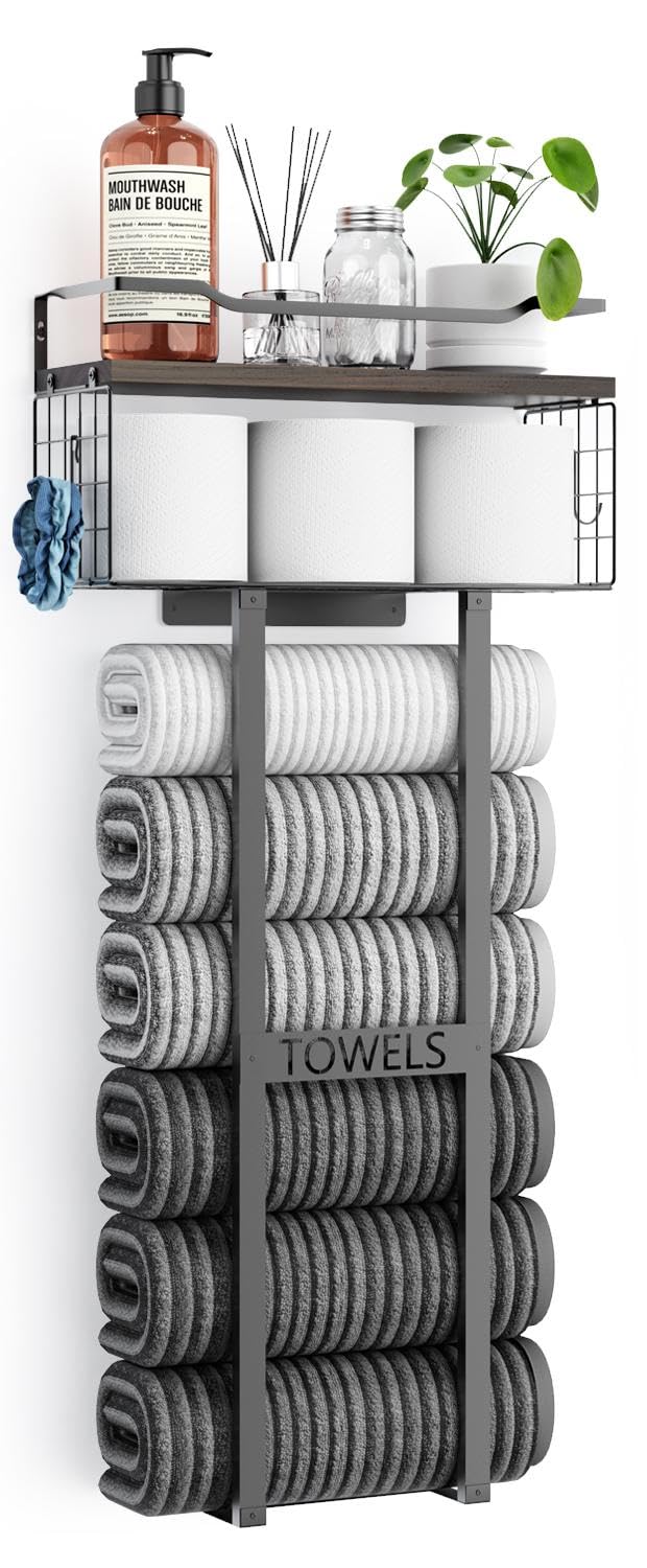 Large Towel Rack & Bathroom Towel Holder - Wall Mounted Metal Rack with Wooden Floating Shelf, Small Bathroom Towel Storage, Easy Holds 6 Large Rolled Towels, Black with Brown Plank