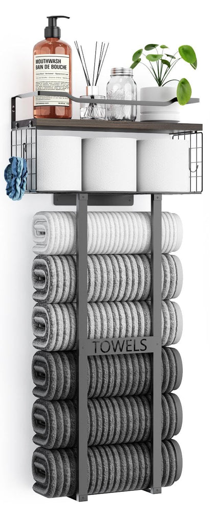 Large Towel Rack & Bathroom Towel Holder - Wall Mounted Metal Rack with Wooden Floating Shelf, Small Bathroom Towel Storage, Easy Holds 6 Large Rolled Towels, Black with Brown Plank
