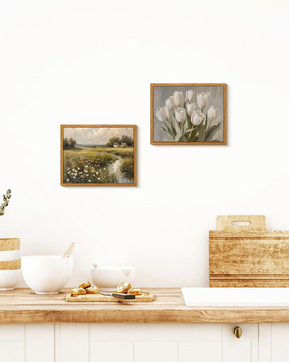 MTFBWY Vintage Tulip Wall Art, Sturdy Framed Botanical Still Life Canvas Print, Antique Flower Oil Painting Artwork for Kitchen Bedroom Office, 8x10 Inch Small Framed Canvas Art