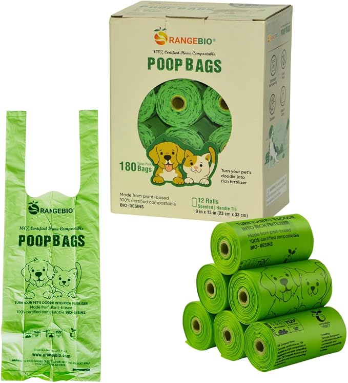 OrangeBio Dog Poop Bags with Handles, 100% Certified Home Compostable, 13 x 9 Inches - 180 Count (15 Bags per Roll, 12 Rolls), Scented, OK Compost Home Certified