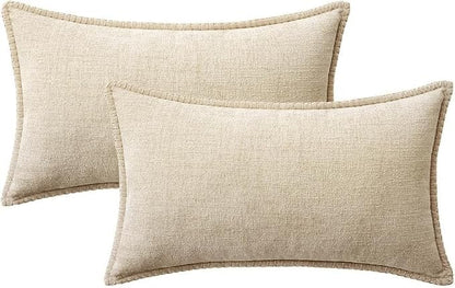 MIULEE Pack of 2 Lumbar Throw Pillow Covers 12x20 Inch Beige Farmhouse Decorative Pillow Covers with Stitched Edge Soft Chenille Solid Dyed Pillow Covers for Couch Sofa Bed Living Room