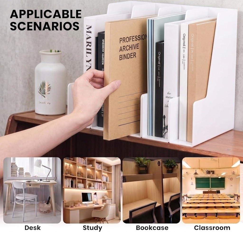 LALOBLUE White Vertical File Organizer, 4 Section Magazine Holder for Desk, Desktop File Folder Rack for Books, Magazines, Documents and Notebooks, Office Home School