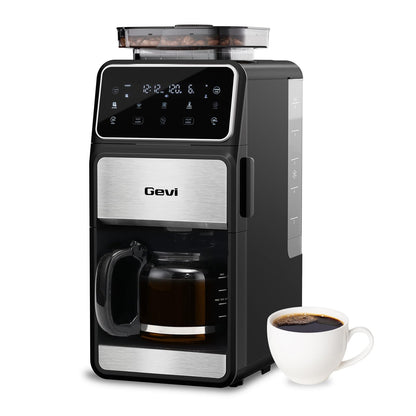 Gevi Grind & Brew Coffee Maker 10 Cup, Built-In Burr Grinder Drip Coffee Machine, Programmable Touch Screen, 4-Hour Warm Plate, Permanent Filter & Glass Carafe